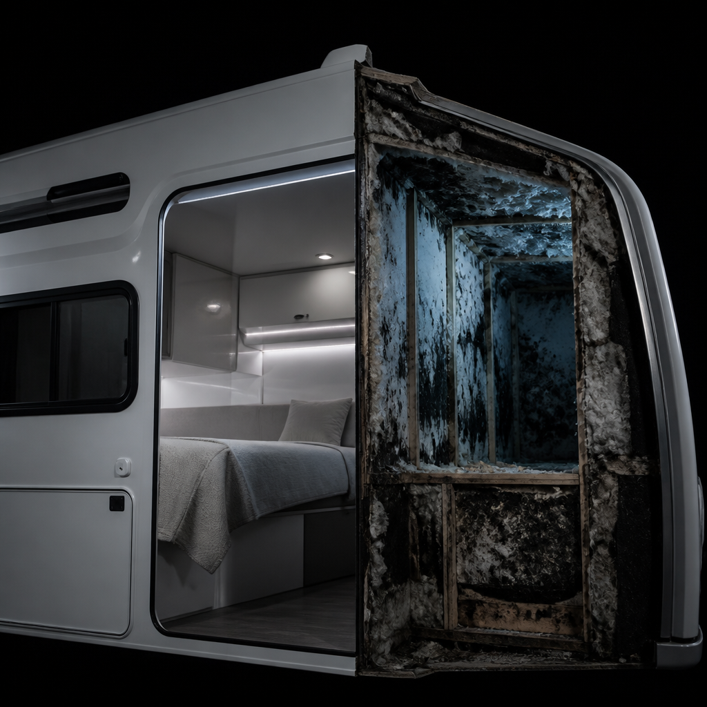 Cross-section of an RV showing clean exterior and hidden water damage inside the walls